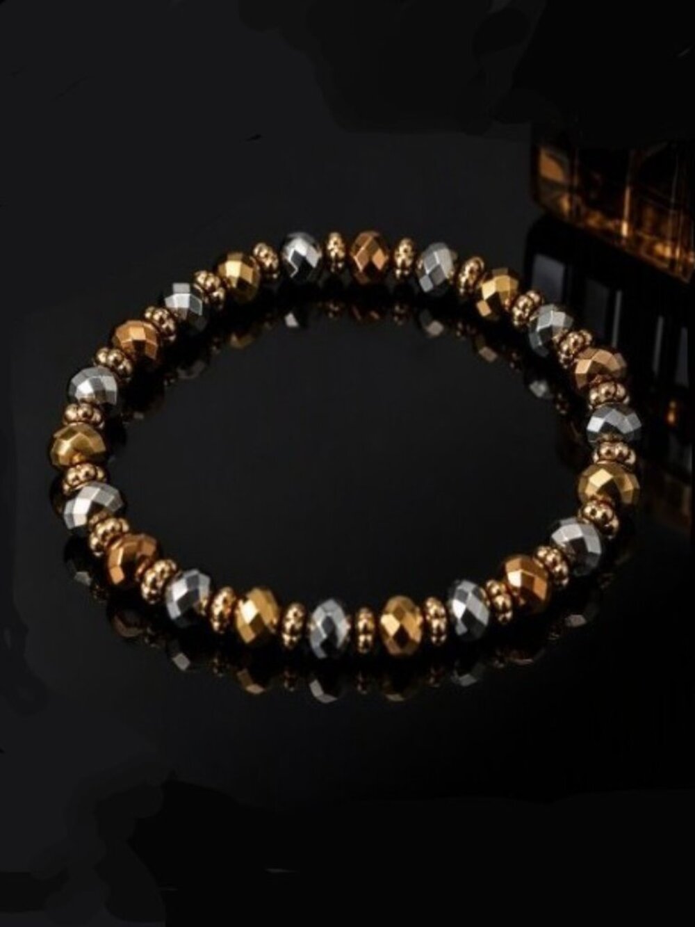 Handmade Faceted Mixed‑Metal Stretch Bracelet — Silver, Gold & Copper